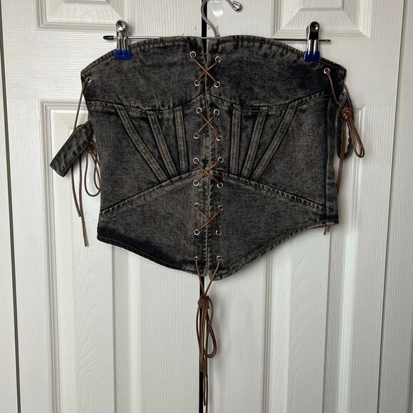 Pretty Little Thing Shape Brown Denim Lace Up Front Corset 6 - Picture 1 of 9
